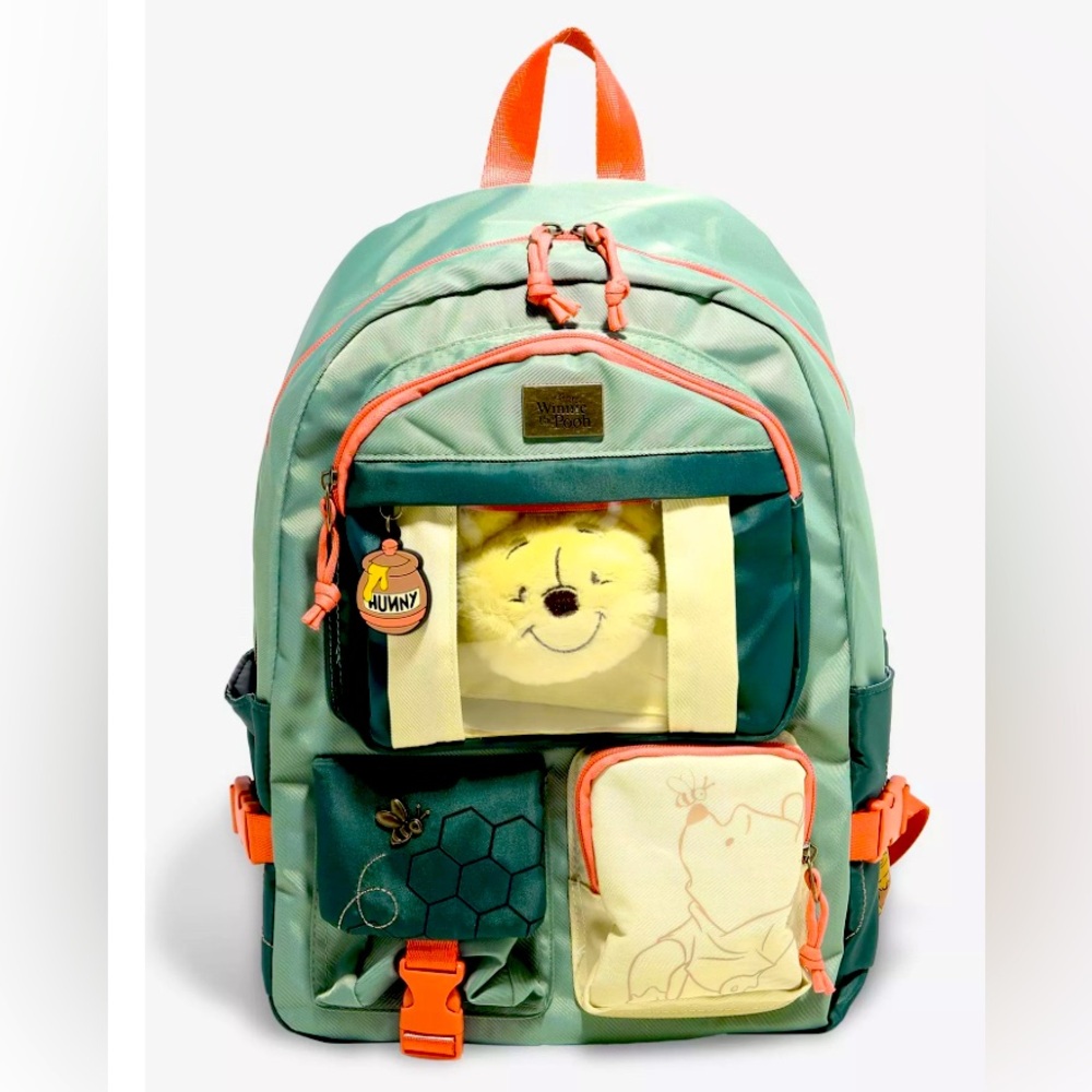Disney Winnie the Pooh Multi-Pocket Backpack with Plush Pooh Bear Keychain NWT